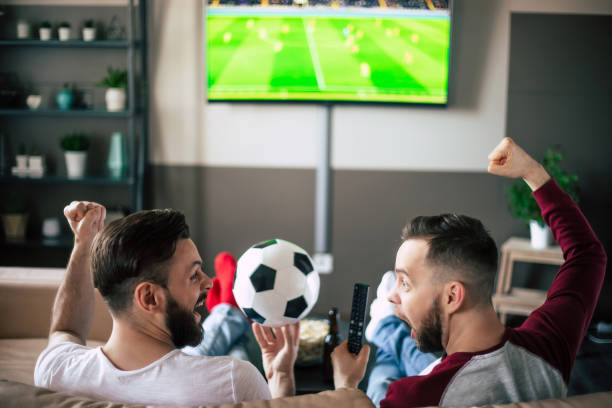 Back view photo of two best friends and fans of football watching some sport match on the TV and drinking beers and eating snacks while cheering for the team on the couch
